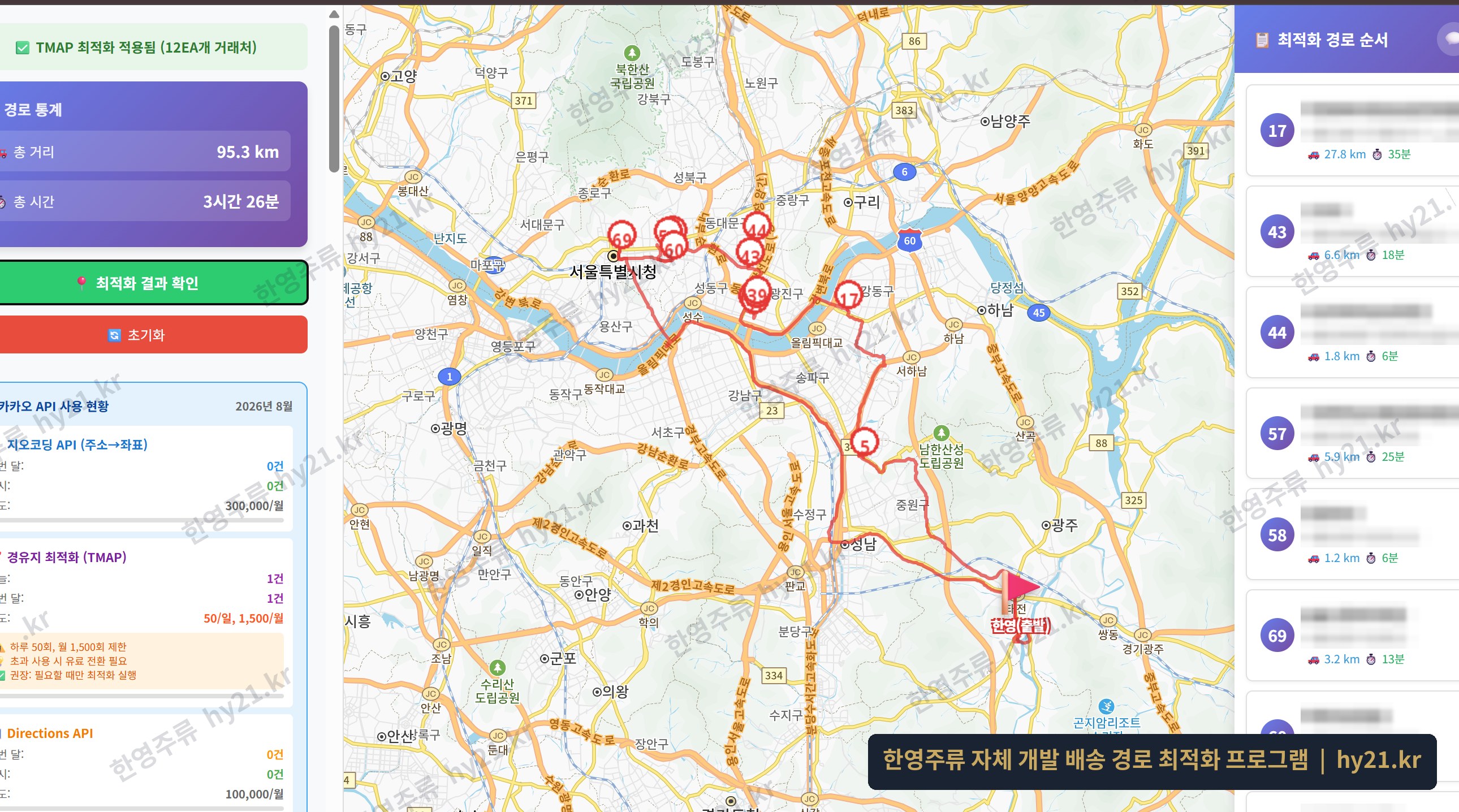 한영주류 자체 개발 배송 경로 최적화 프로그램 화면 — 수도권 거래처 12곳의 배송 동선을 총 95.3km, 3시간 26분으로 계산한 결과